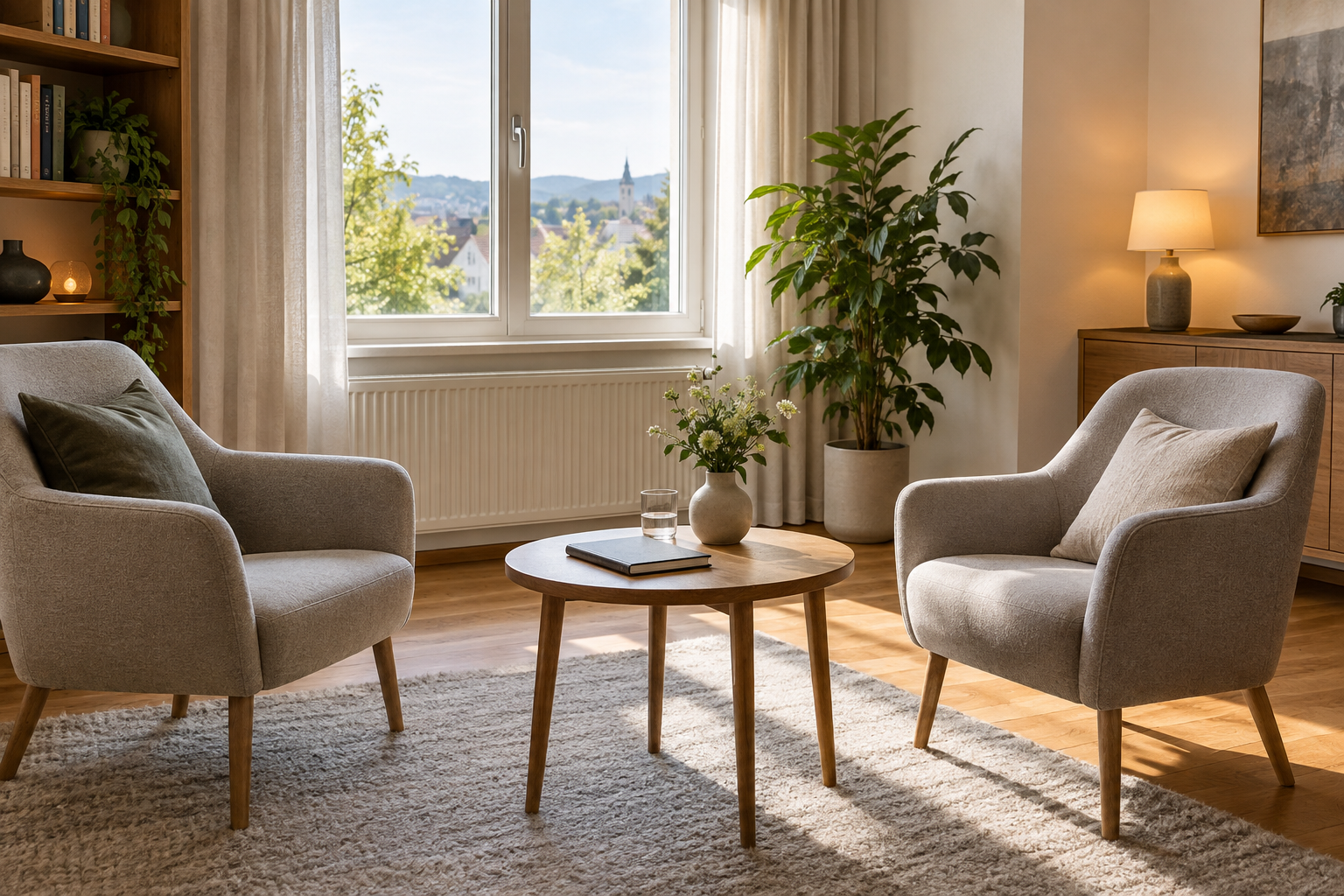 Heller Wohnraum mit zwei Sesseln, Fenster und geschlossenem Notizbuch auf einem Tisch