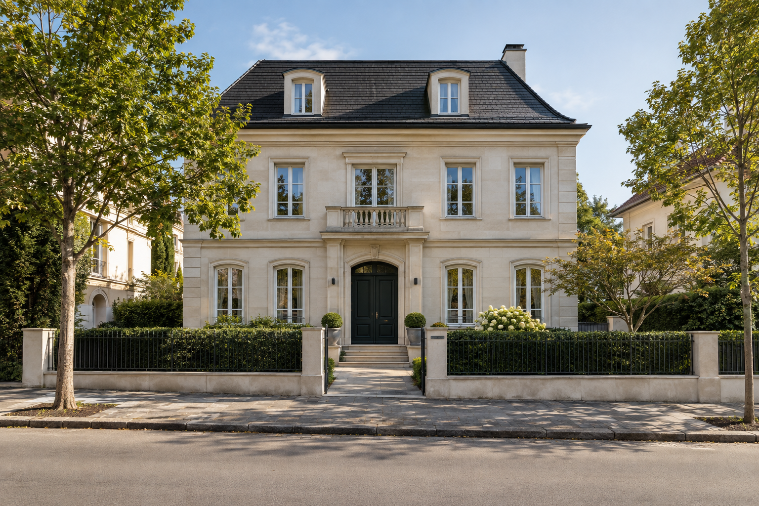 Vollständig sichtbares Wohnhaus in einer ruhigen Seitenstraße mit Eingang und Dach